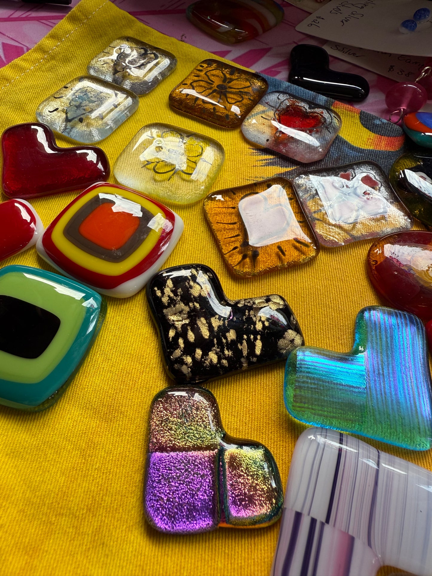 Pocket hug- Fused glass love hearts and flowers - Free Shipping
