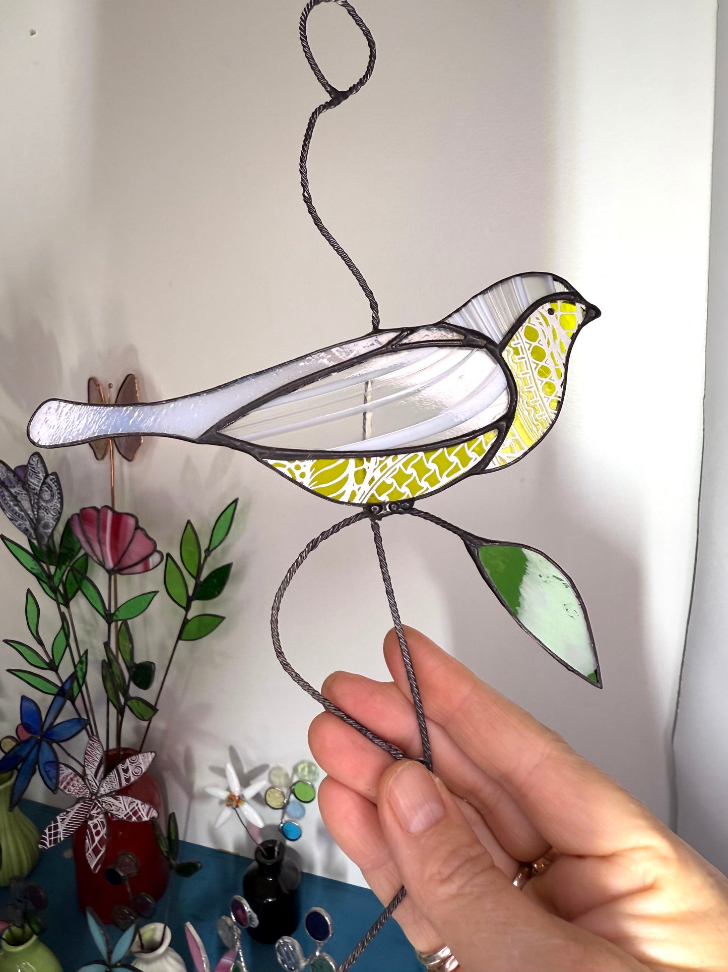 Handcrafted Stainedglass yellow belly wren - Bird Window Ornament & Home Decor