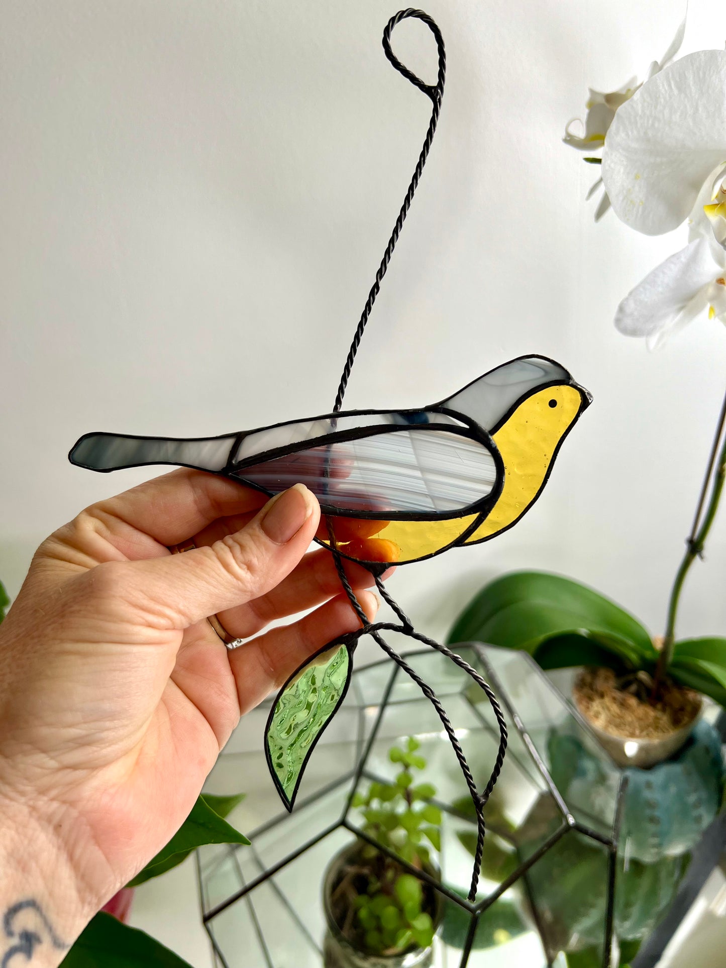 Handcrafted Stainedglass yellow belly wren - Bird Window Ornament & Home Decor