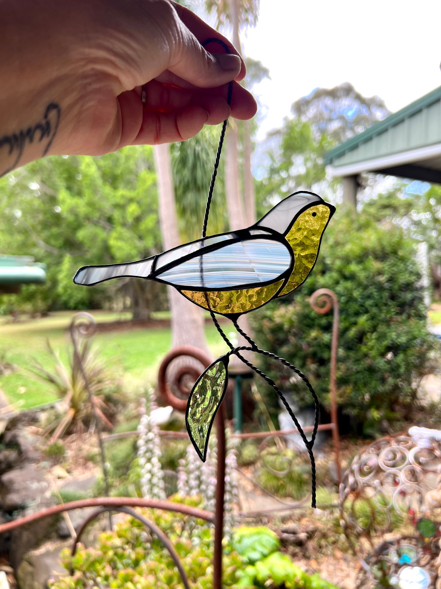 Handcrafted Stainedglass yellow belly wren - Bird Window Ornament & Home Decor