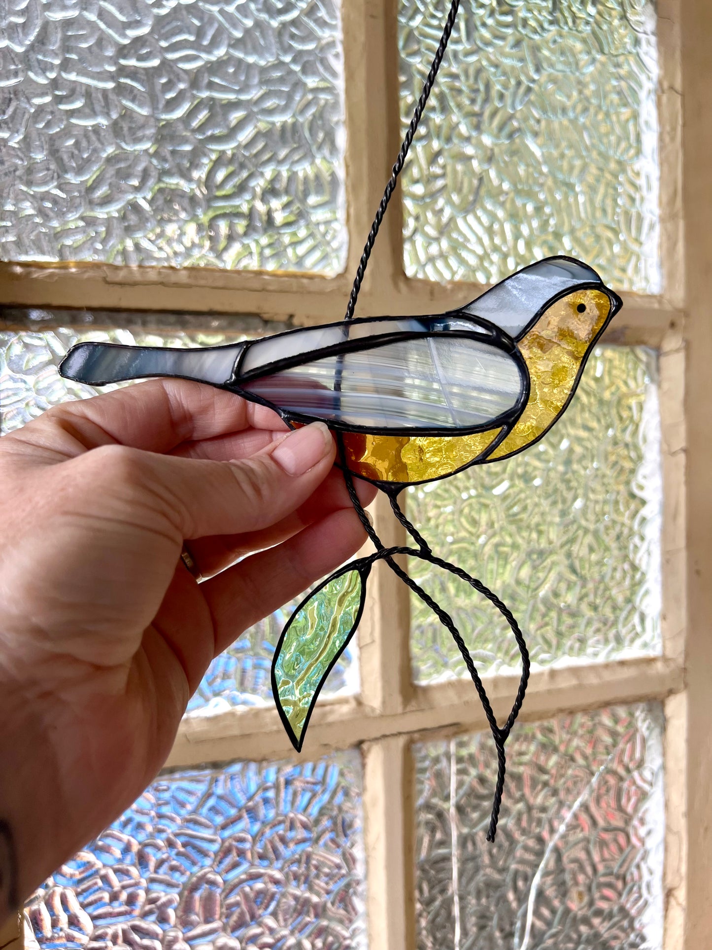 Handcrafted Stainedglass yellow belly wren - Bird Window Ornament & Home Decor