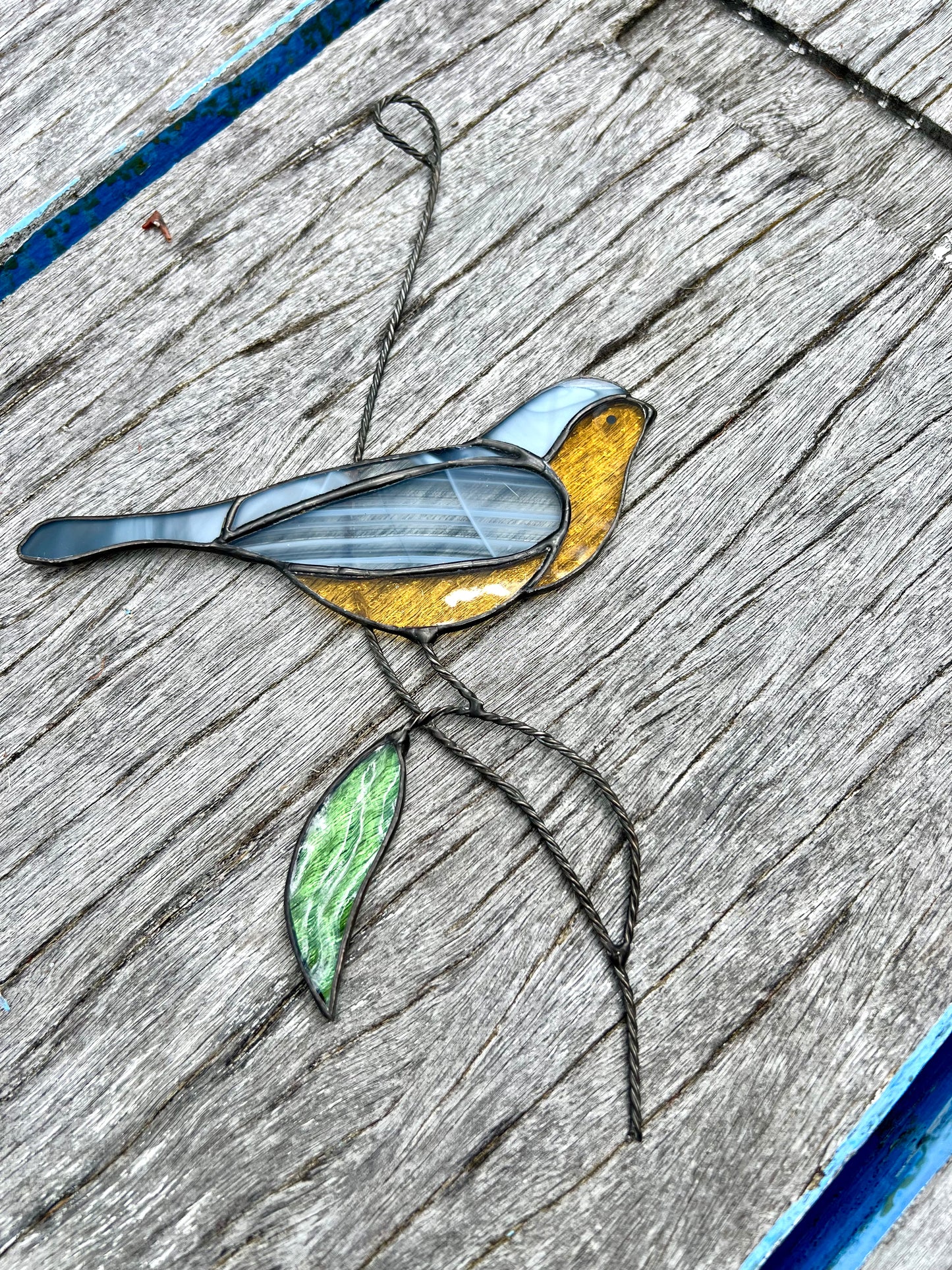 Handcrafted Stainedglass yellow belly wren - Bird Window Ornament & Home Decor