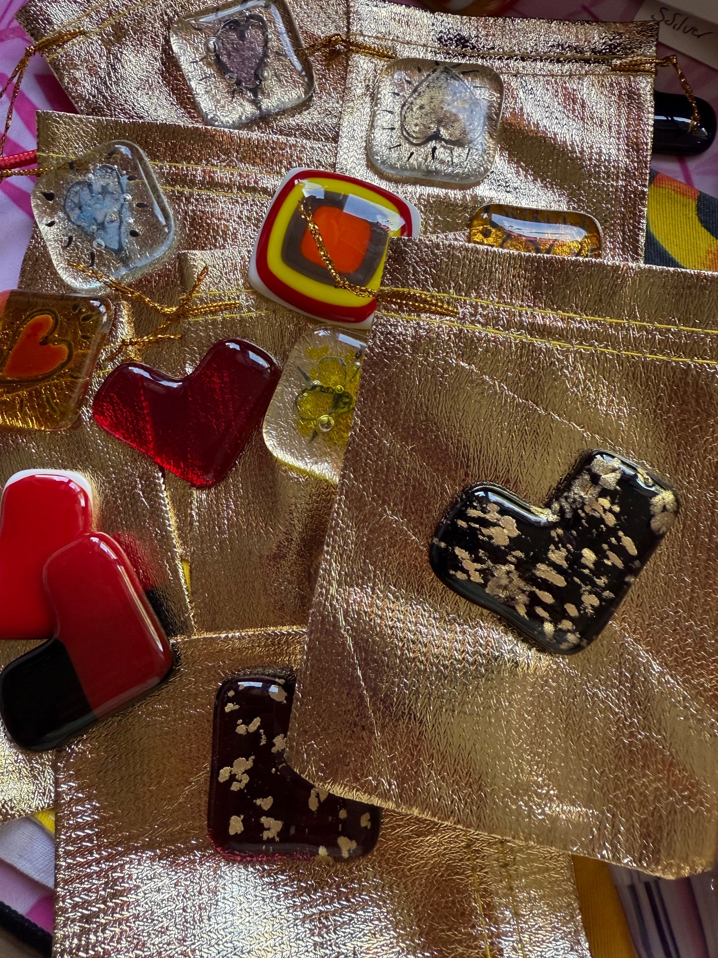 Pocket hug- Fused glass love hearts and flowers - Free Shipping