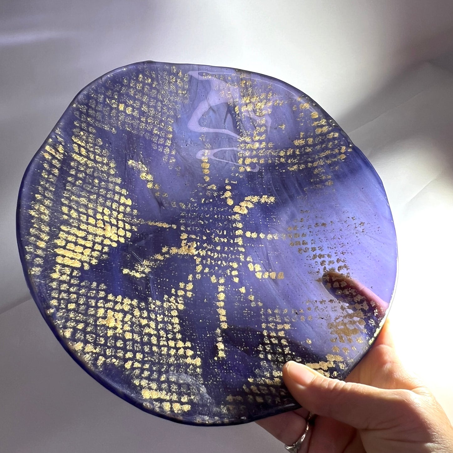 Purple and gold glass flower bowl