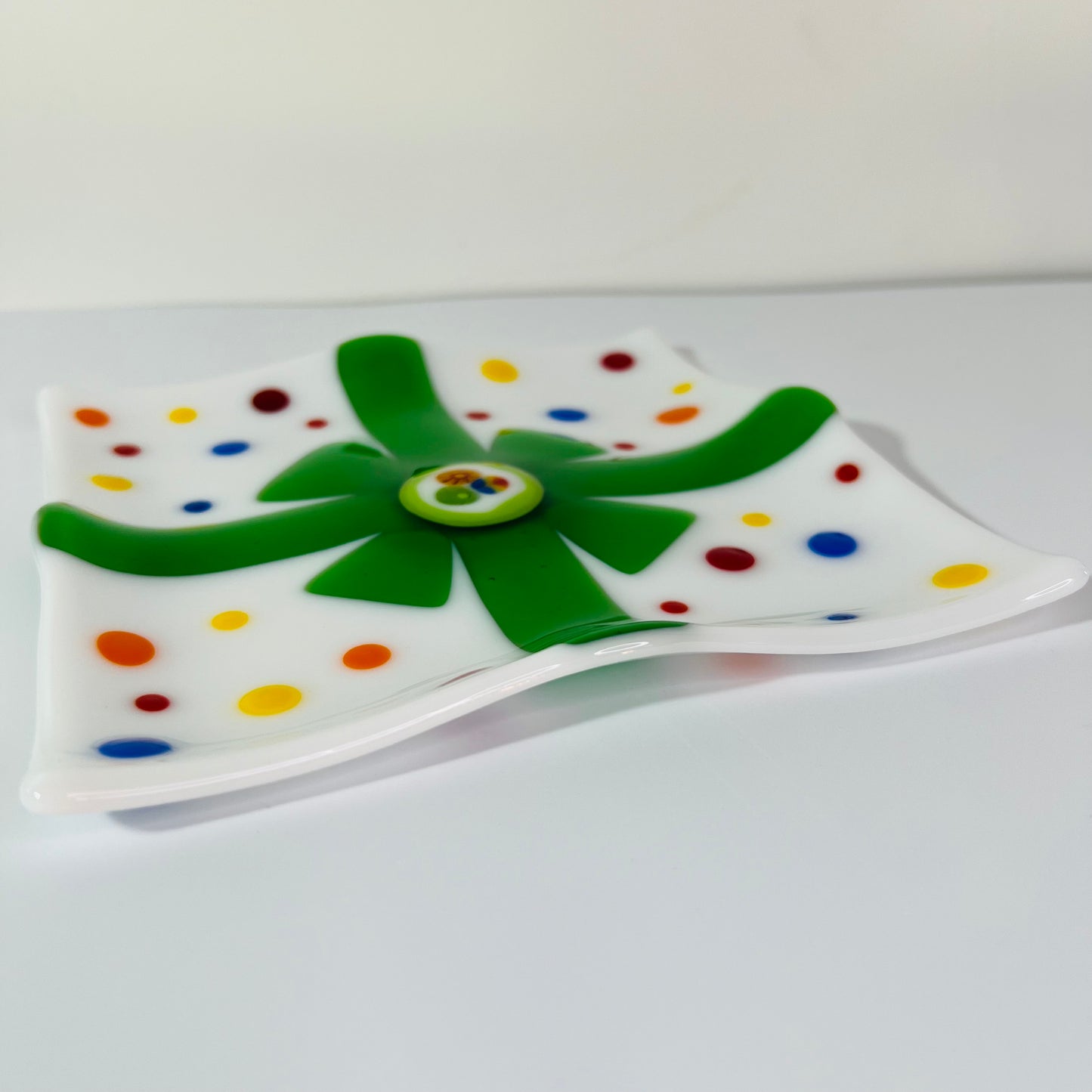 Fused Glass Green Ribbon Gift wrapped Serving dish Millefiori centre