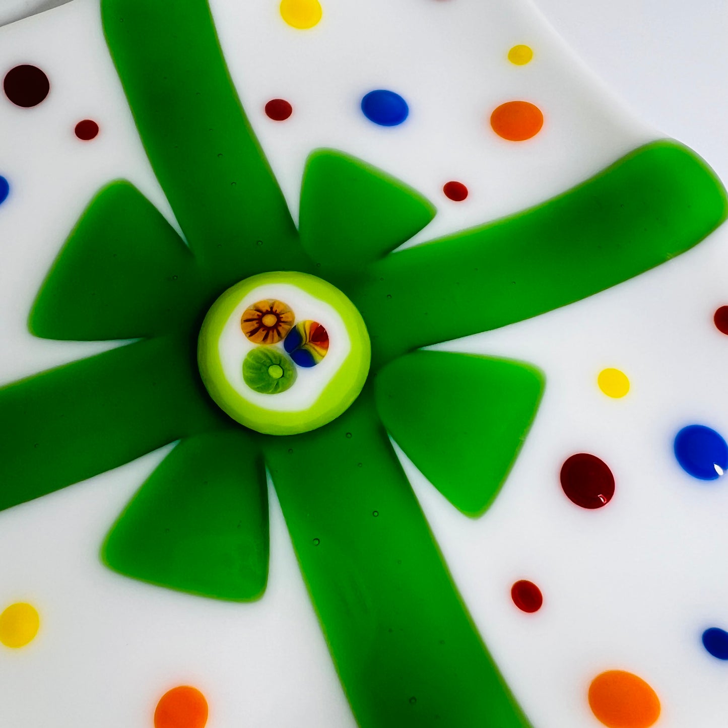 Fused Glass Green Ribbon Gift wrapped Serving dish Millefiori centre
