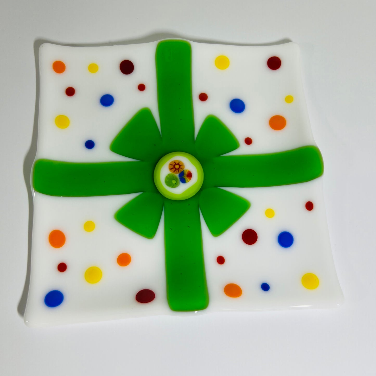 Fused Glass Green Ribbon Gift wrapped Serving dish Millefiori centre