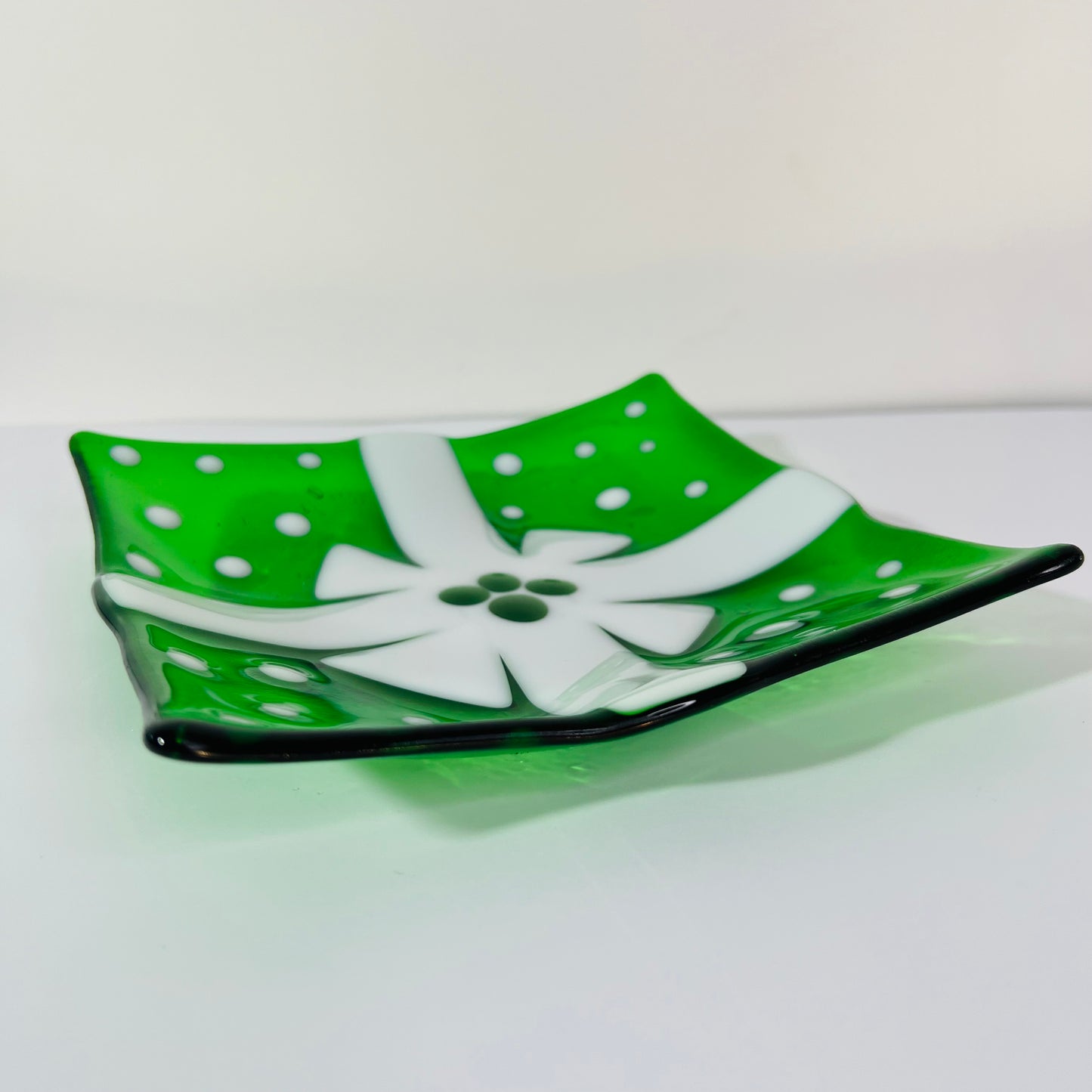 Fused Glass, one of a kind, Christmas Serving dish with white ribbon