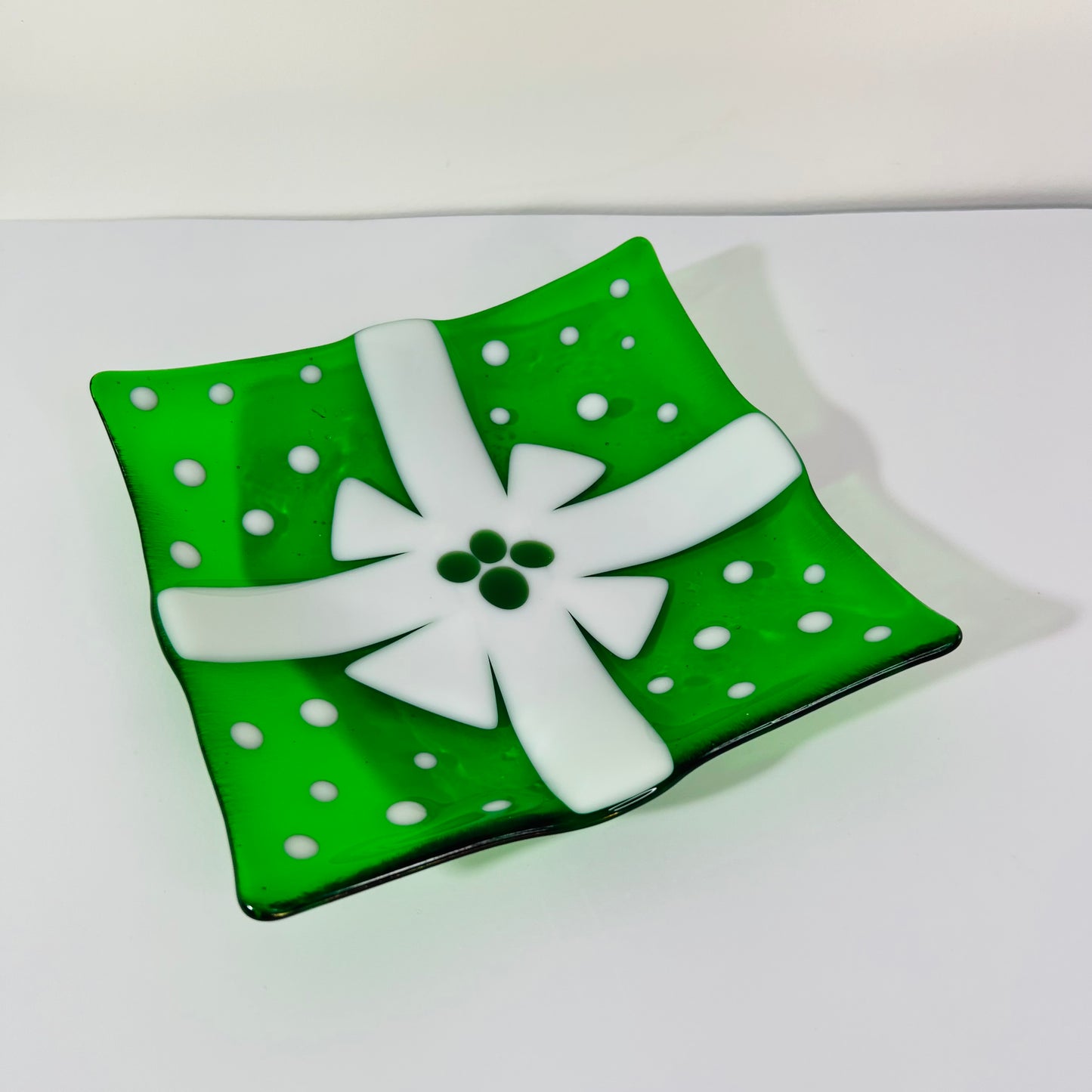 Fused Glass, one of a kind, Christmas Serving dish with white ribbon