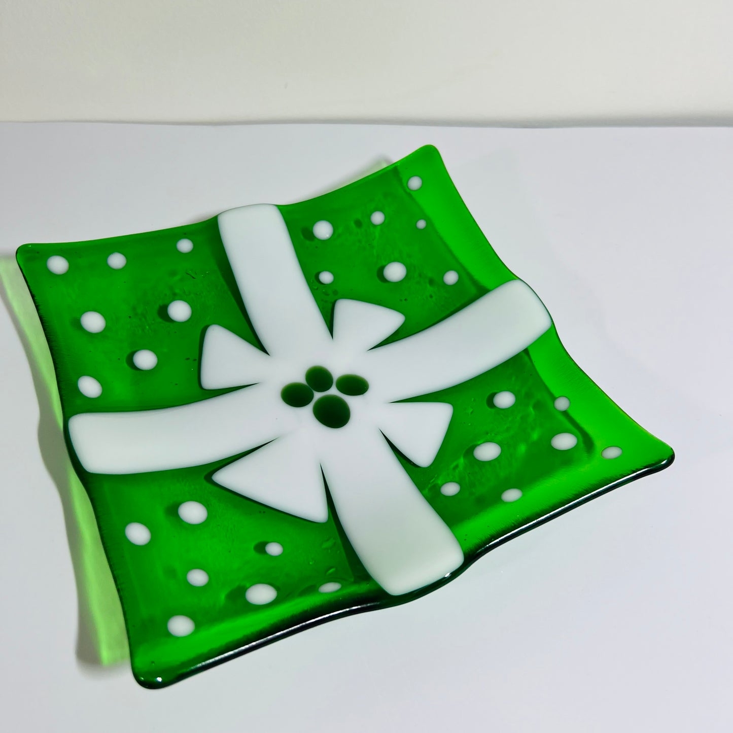 Fused Glass, one of a kind, Christmas Serving dish with white ribbon