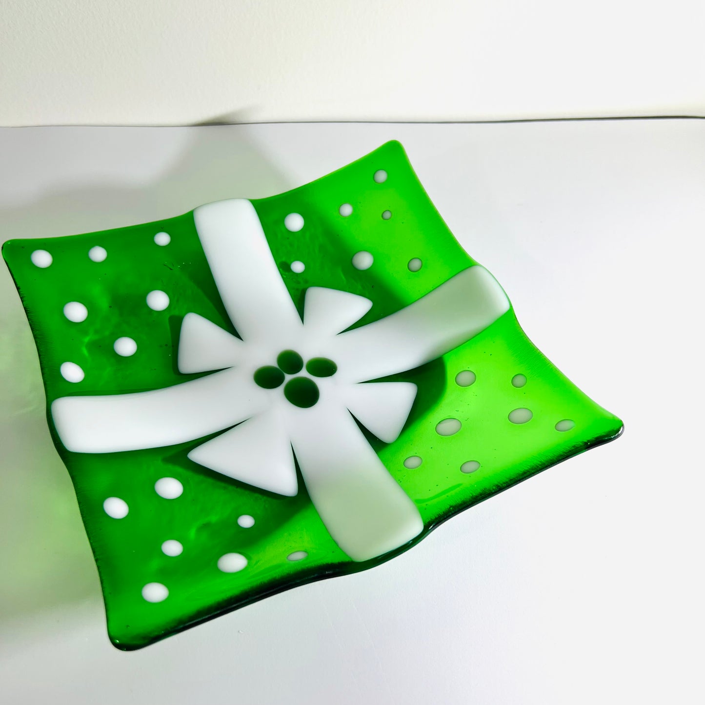 Fused Glass, one of a kind, Christmas Serving dish with white ribbon