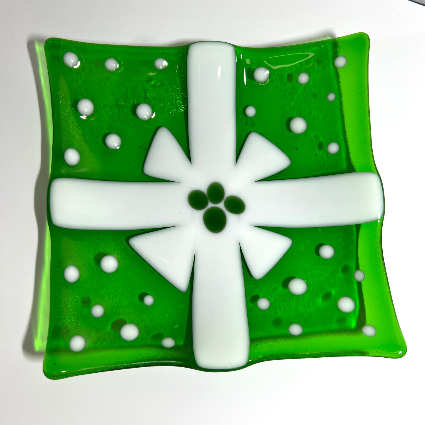 Fused Glass, one of a kind, Christmas Serving dish with white ribbon