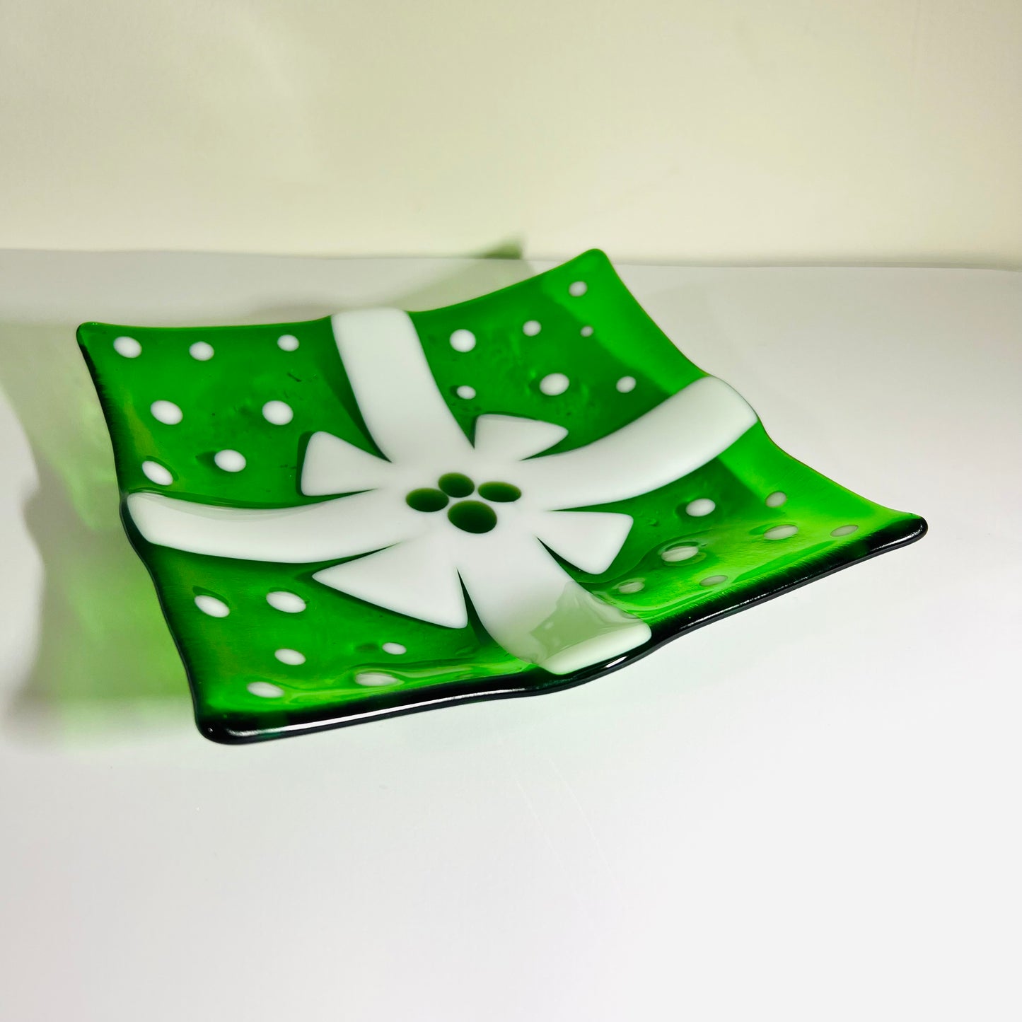 Fused Glass, one of a kind, Christmas Serving dish with white ribbon