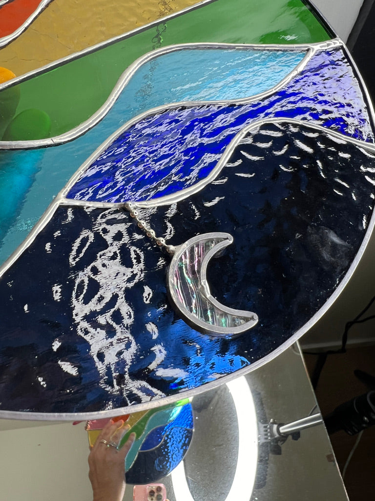 Summer Celebration, sun, moon, water, hills and sky stained glass suncatcher