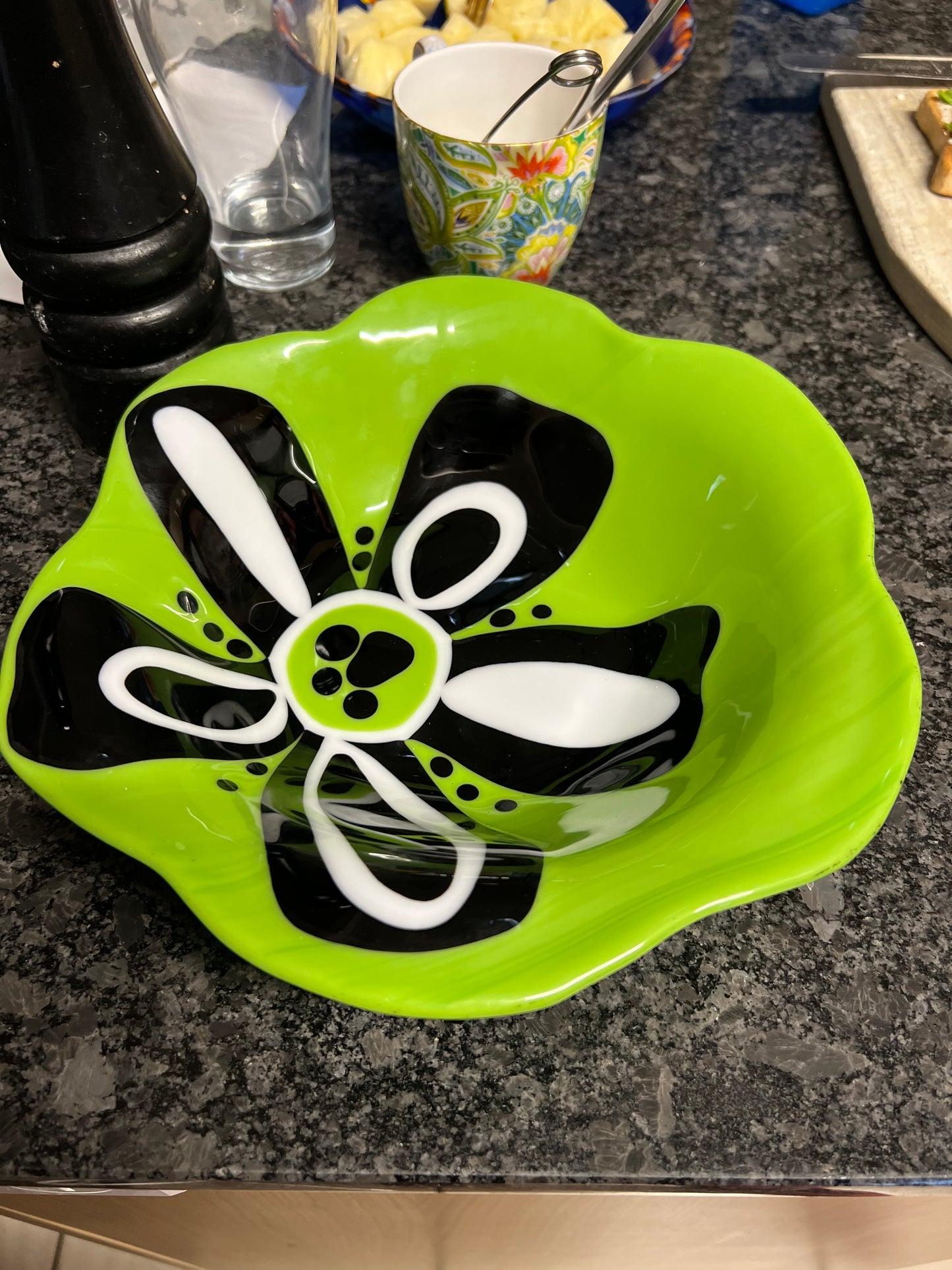 Green with Black and White flower bowl