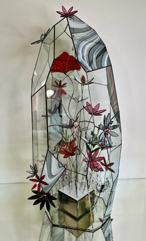 Glass terrarium, flowers, butterfly, crystals
