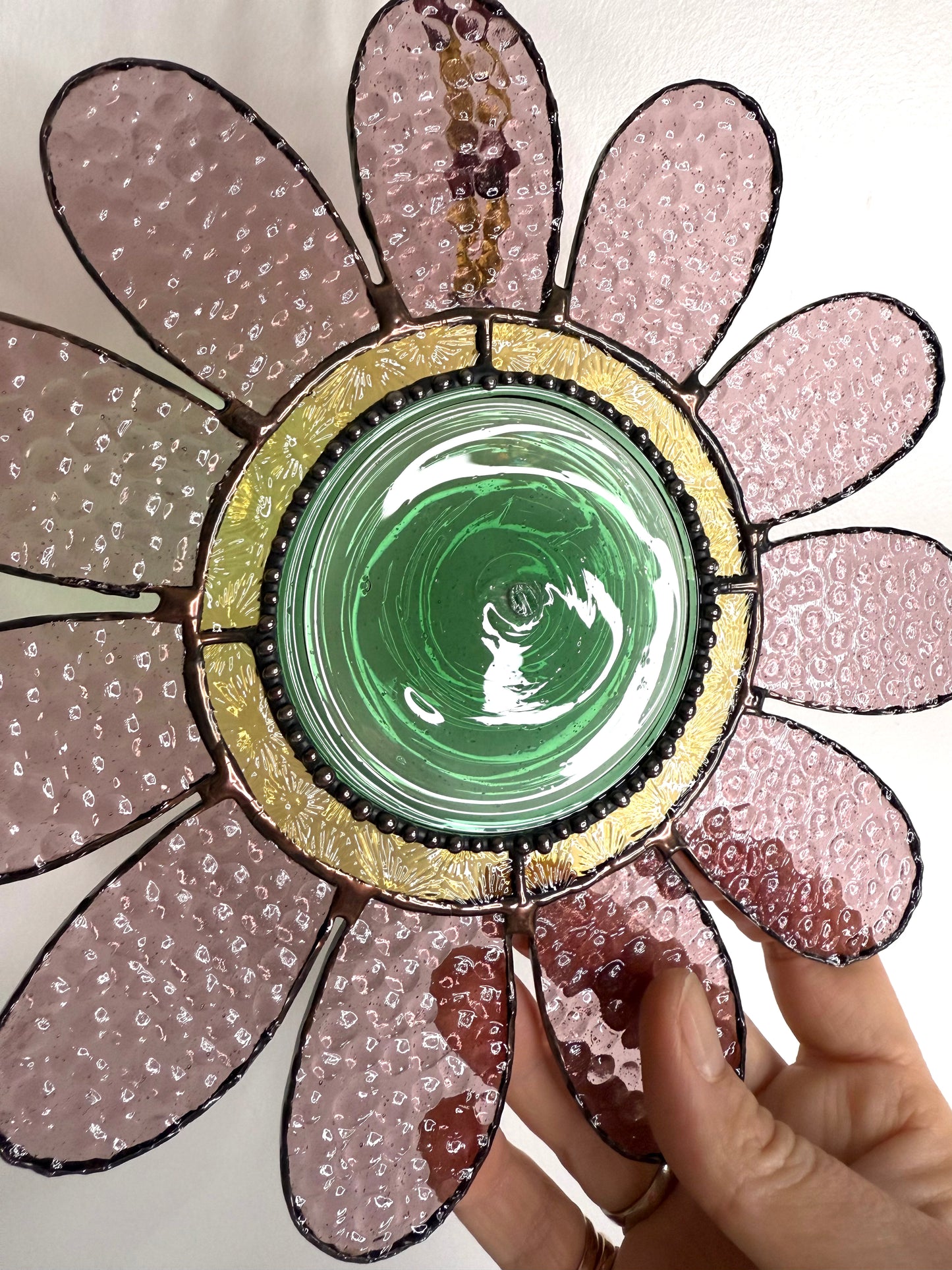 SALE: Handcrafted Stainedglass Large Pink, Green and Gold Flower Suncatcher - Flower Window Ornament & Home Decor