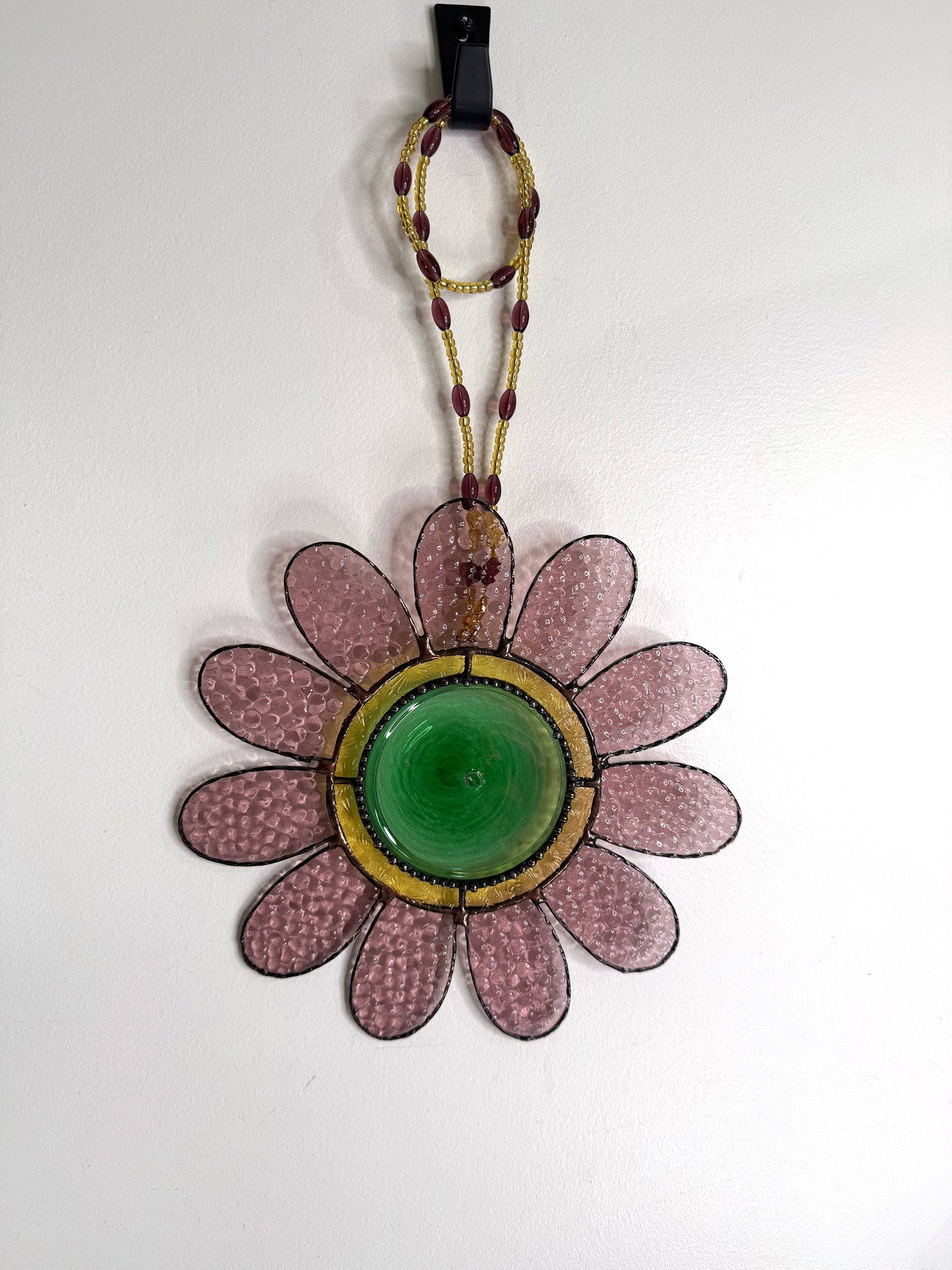 SALE: Handcrafted Stainedglass Large Pink, Green and Gold Flower Suncatcher - Flower Window Ornament & Home Decor