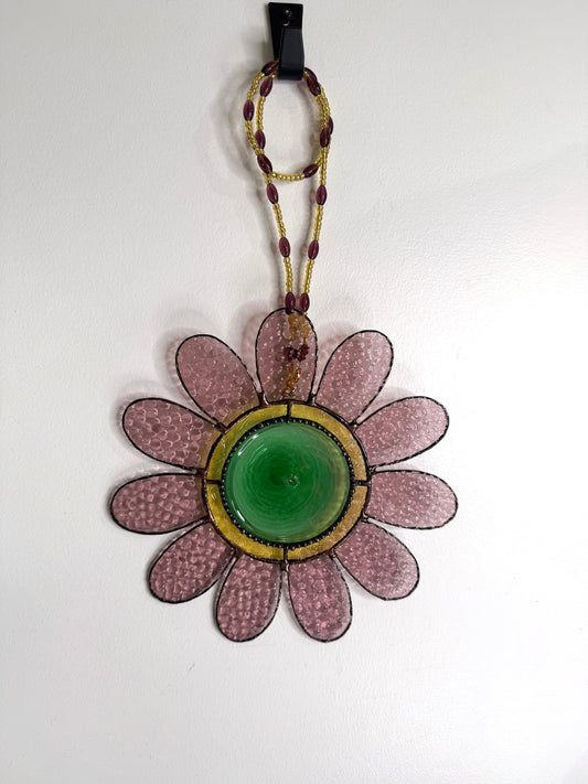 SALE: Handcrafted Stainedglass Large Pink, Green and Gold Flower Suncatcher - Flower Window Ornament & Home Decor