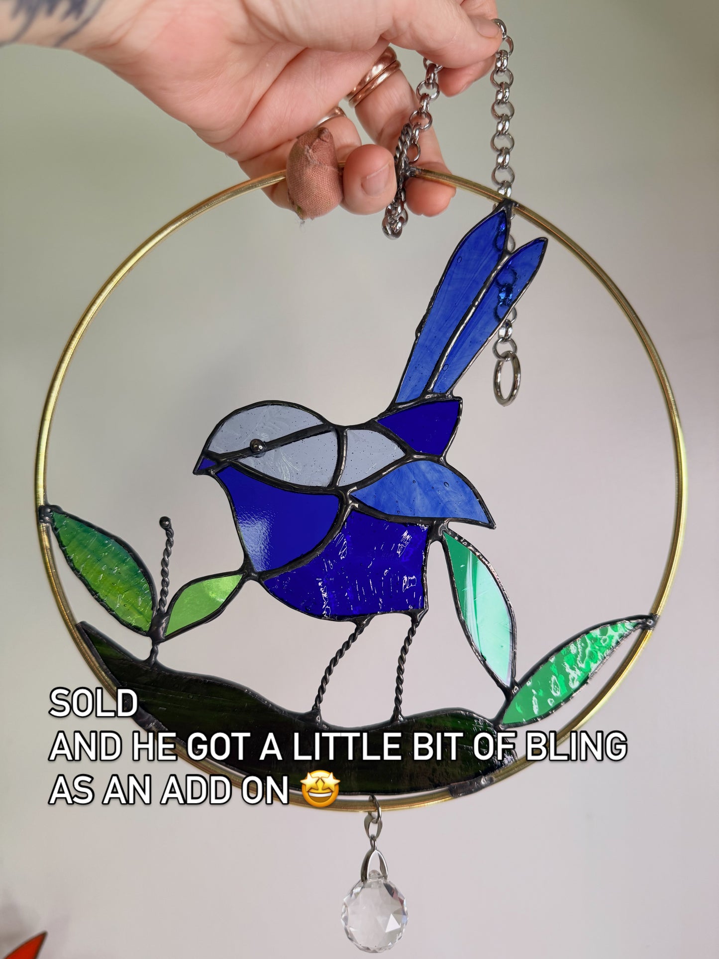 Handcrafted Stainedglass Blue Wren Suncatcher - Bird Window Ornament & Home Decor