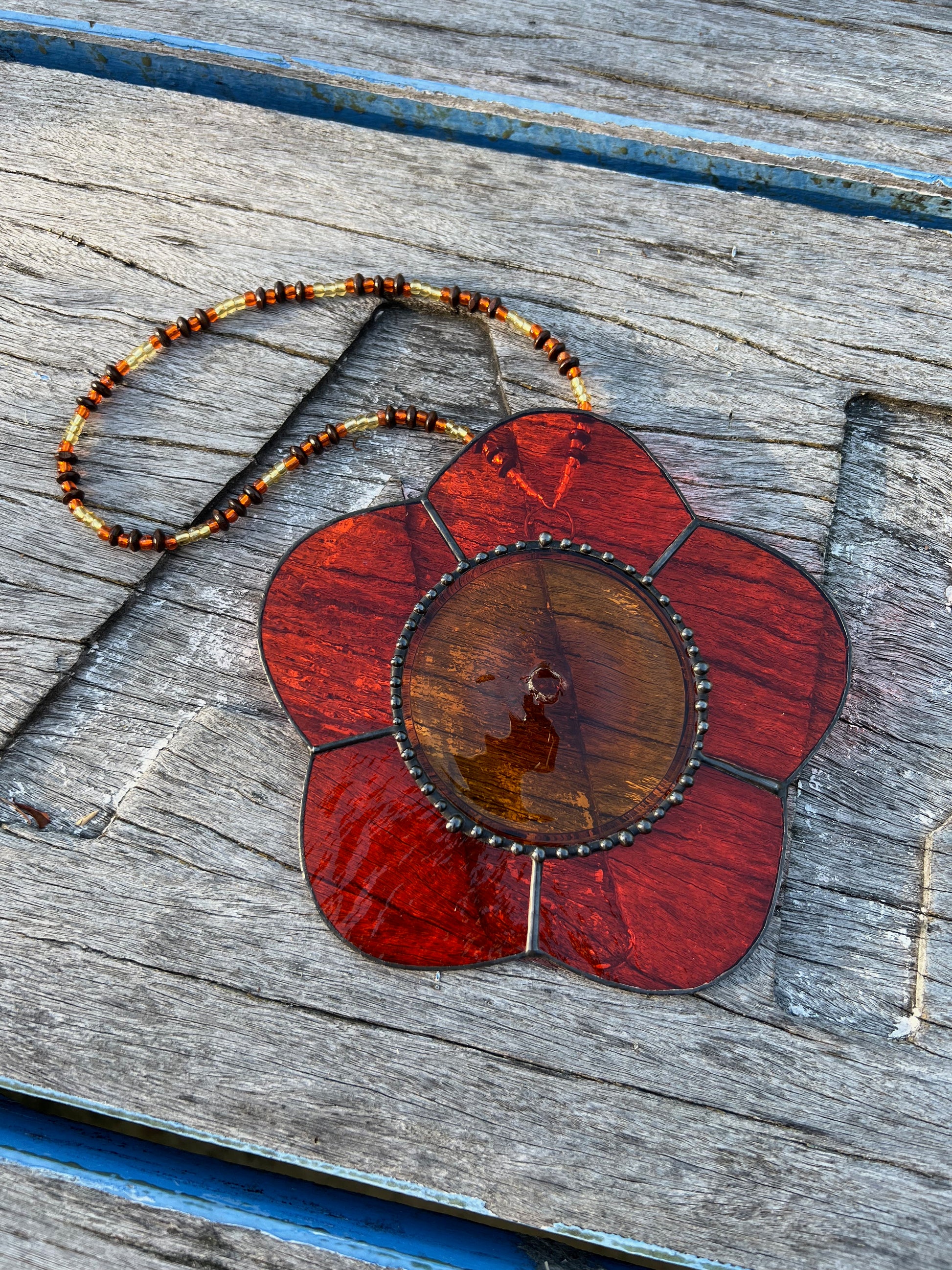 Orange and gold 70's inspired leadlight glass suncatcher