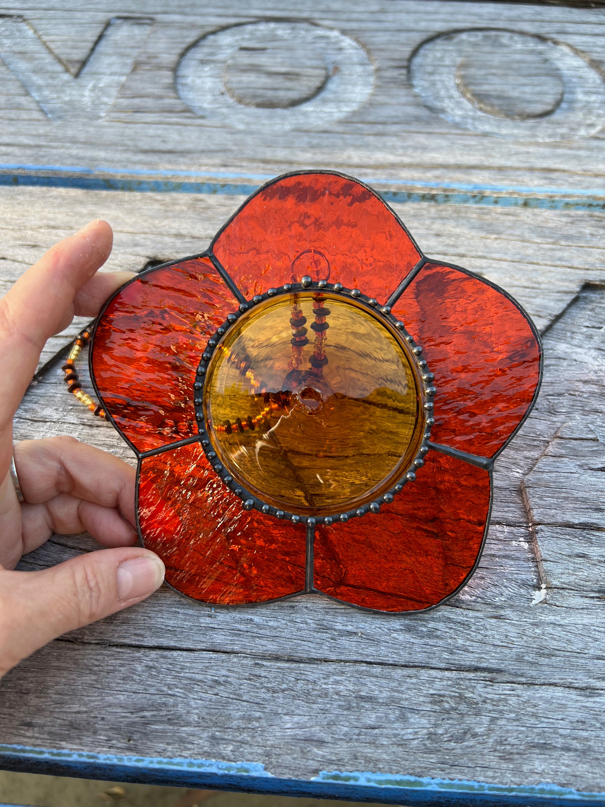 Orange and gold 70's inspired leadlight glass suncatcher