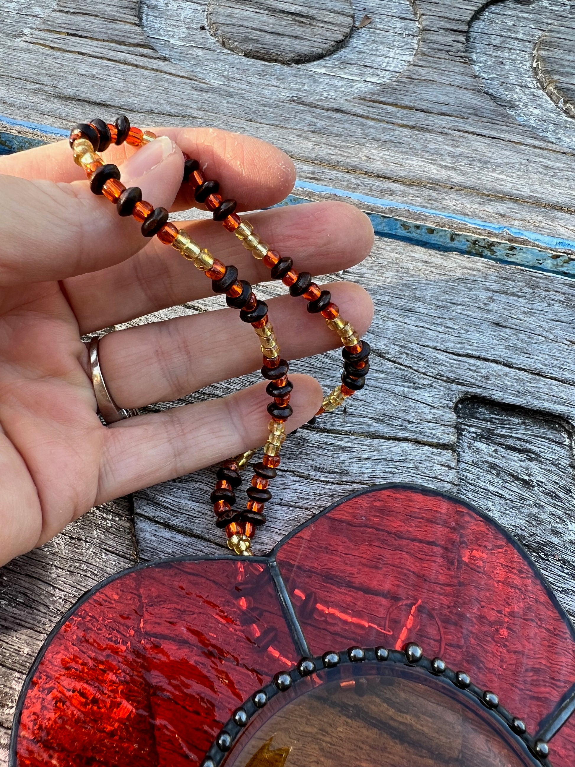 Orange and gold 70's inspired leadlight glass suncatcher