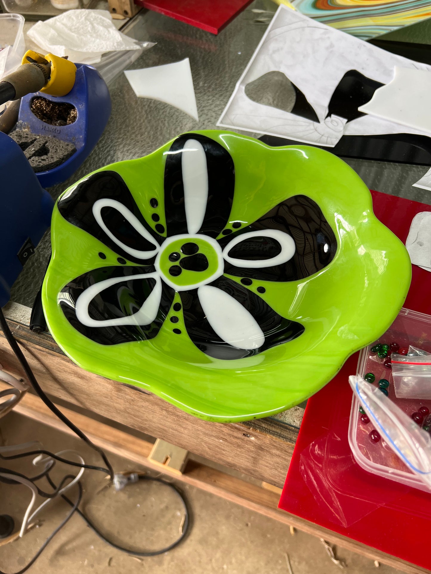 Green with Black and White flower bowl