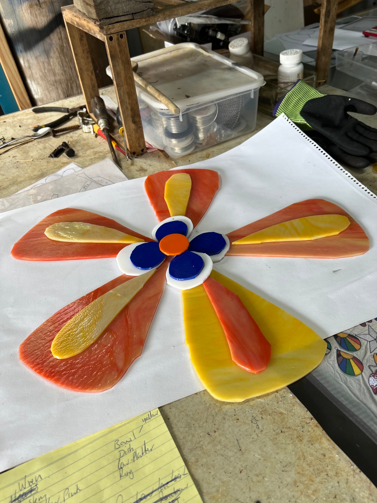 fused Glass flower, orange and yellow flower, garden ornament, garden sculpture