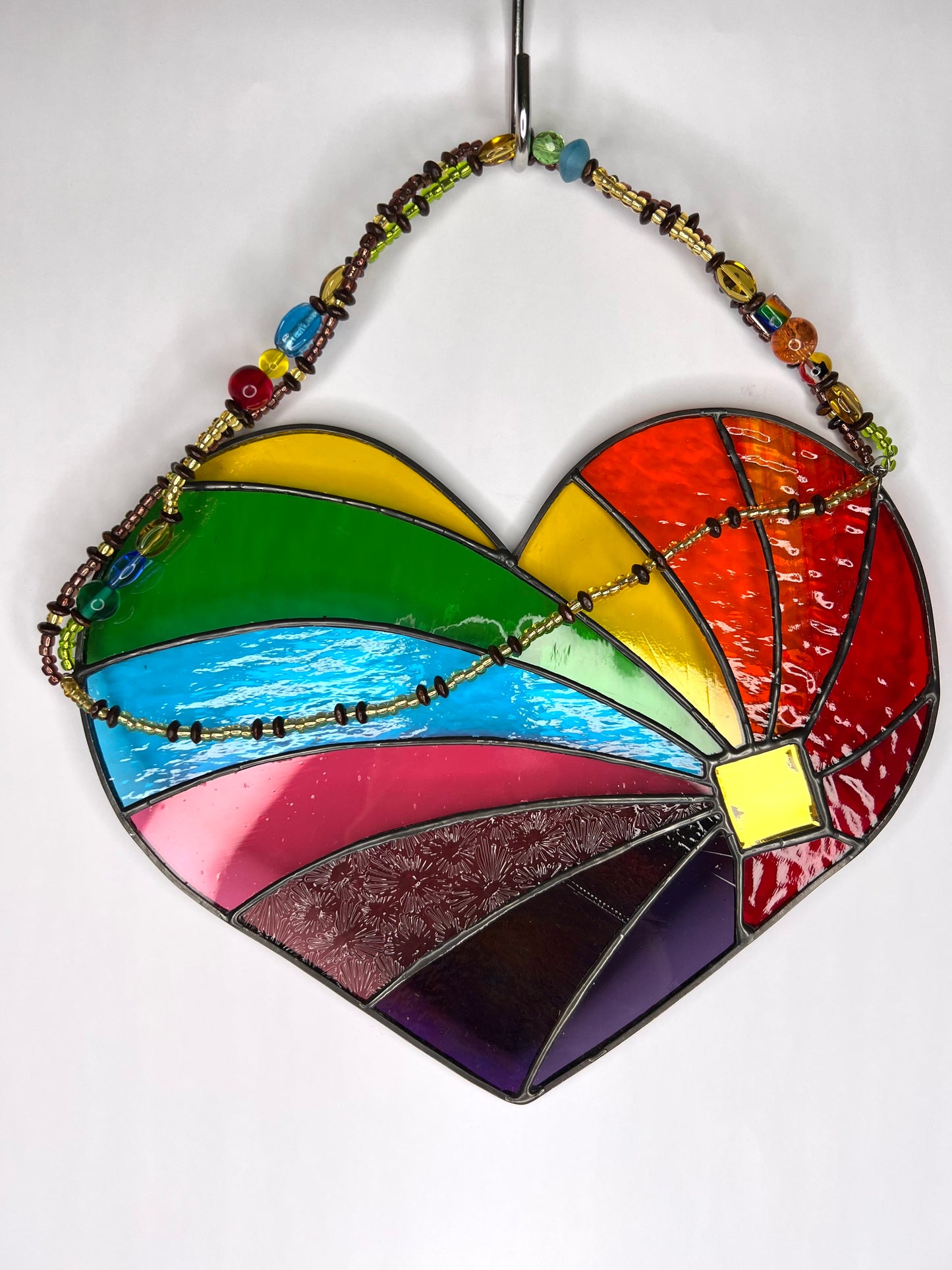 Rainbow leadlight, heart, beads