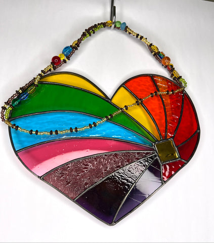 Rainbow leadlight, heart, beads