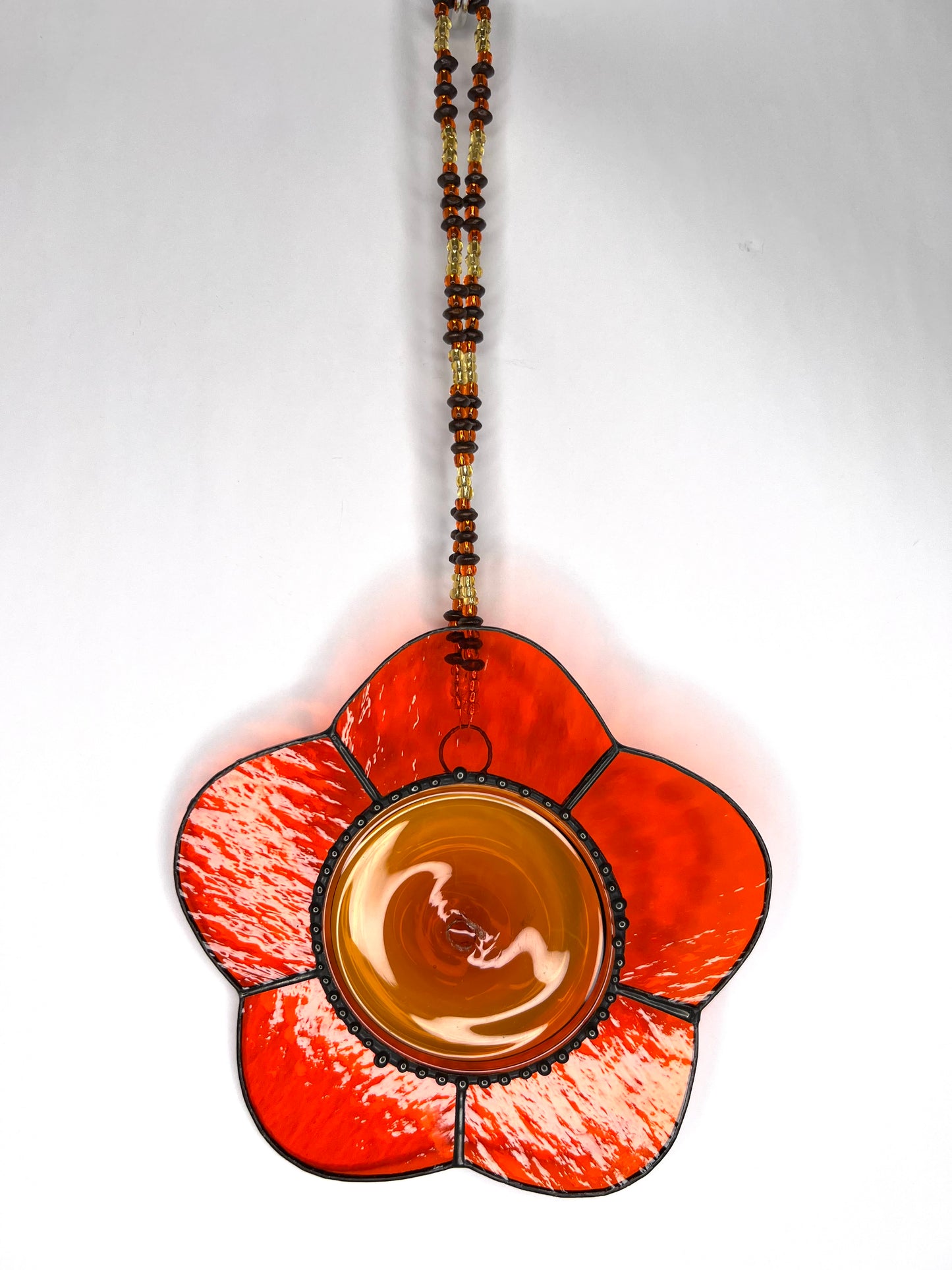 Orange and gold 70's inspired leadlight glass suncatcher