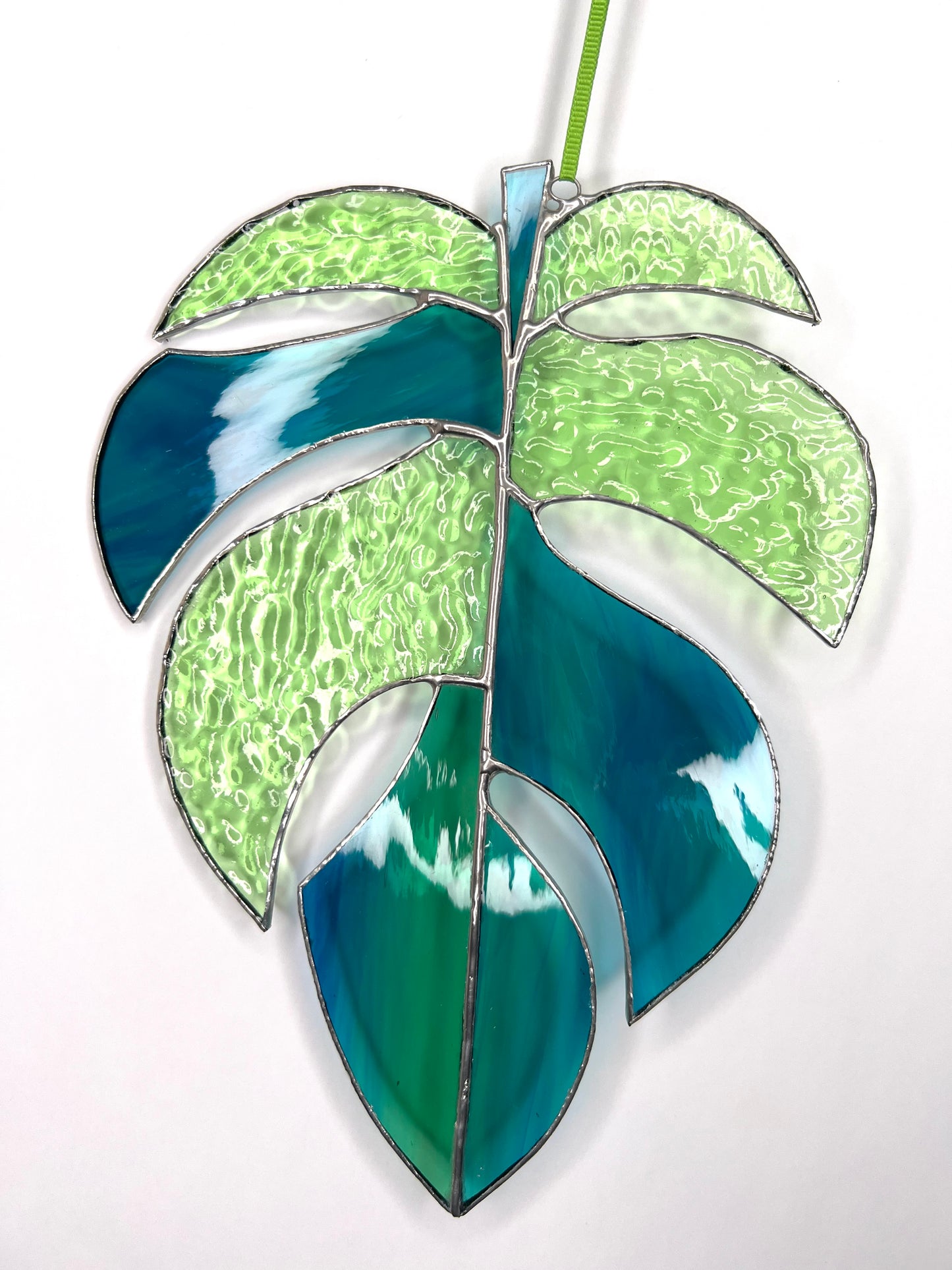 Light Green an Turquoise Glass monstera leaf suncatcher