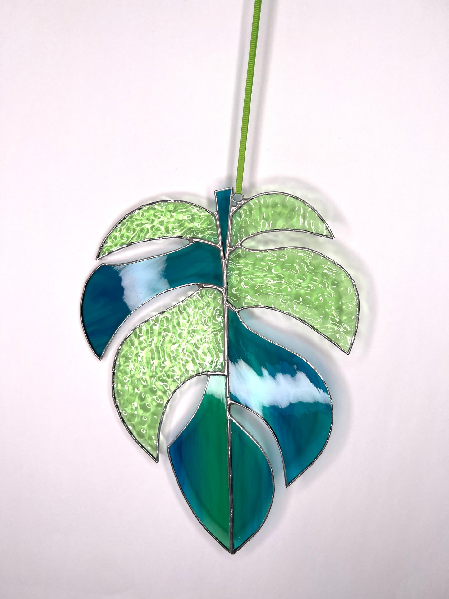 Light Green an Turquoise Glass monstera leaf suncatcher