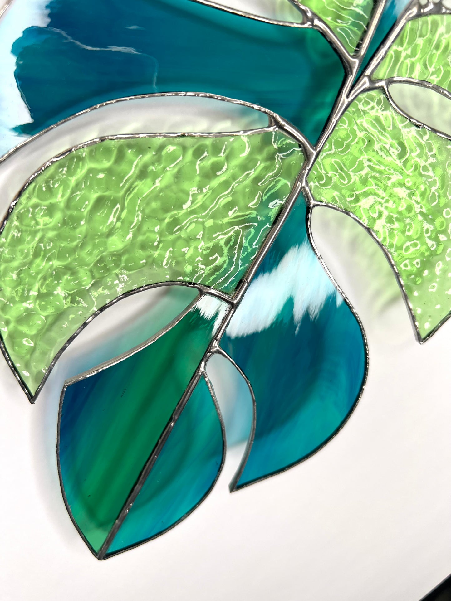 Light Green an Turquoise Glass monstera leaf suncatcher