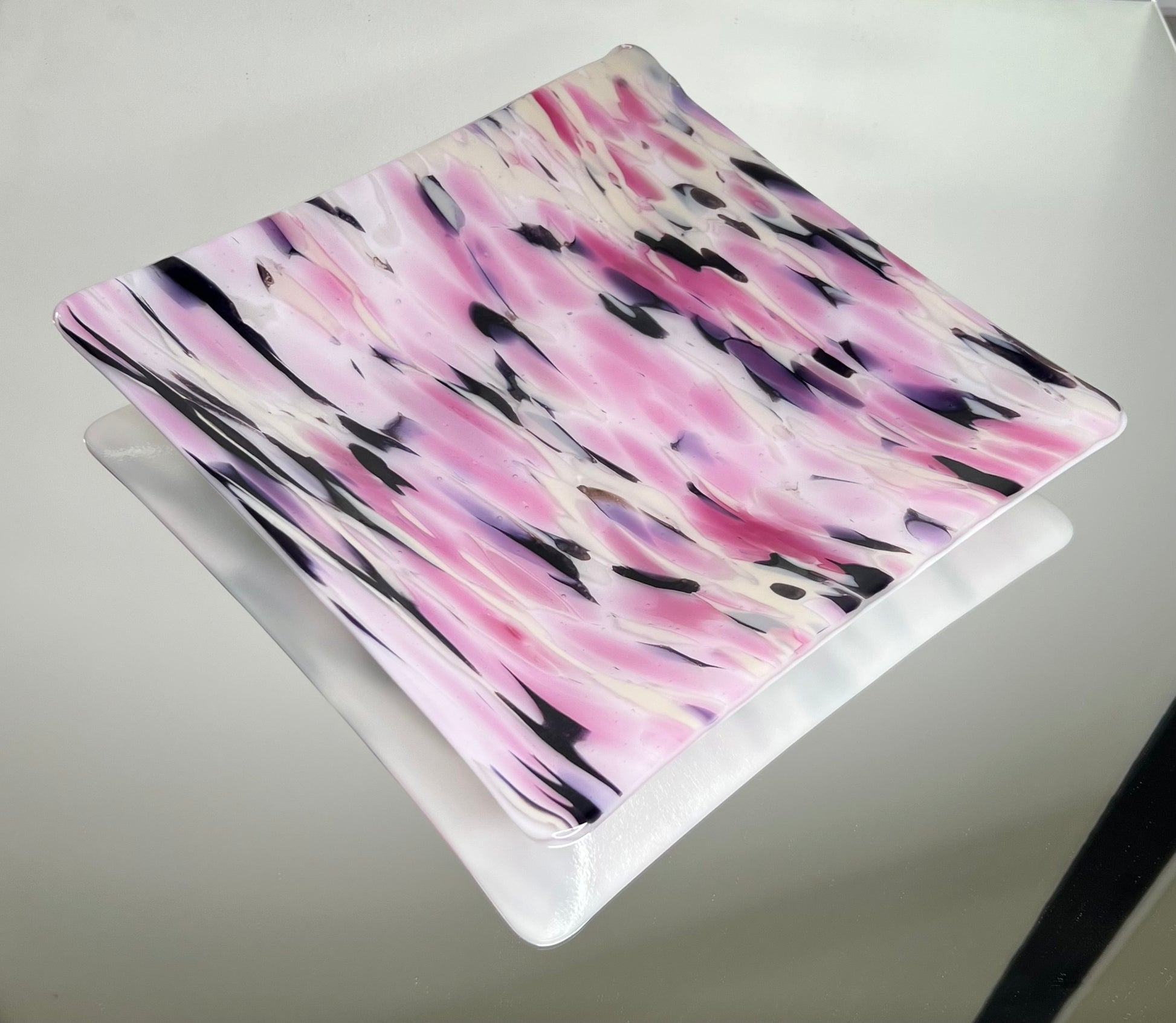 Pink, black, cream, white glass platter