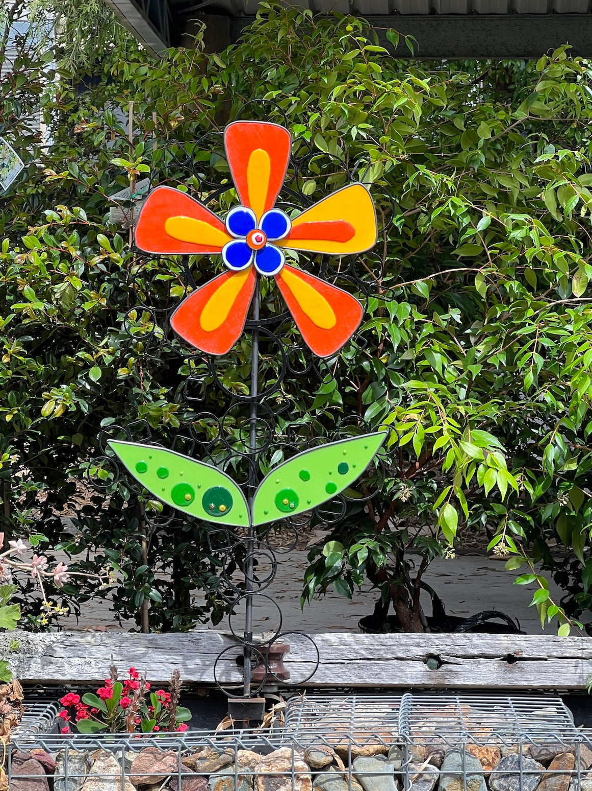 fused Glass flower, orange and yellow flower, garden ornament, garden sculpture