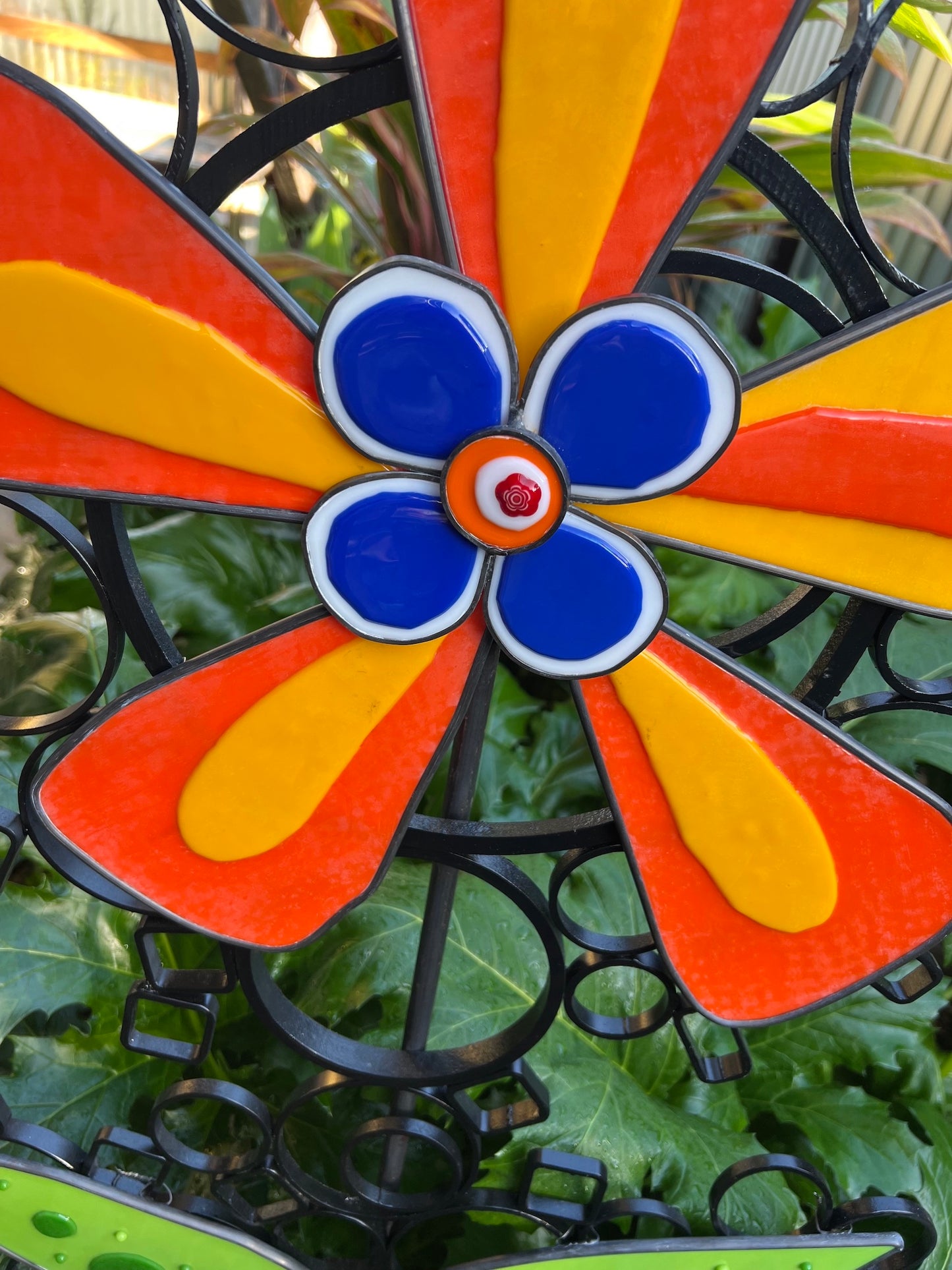 fused Glass flower, orange and yellow flower, garden ornament, garden sculpture