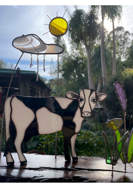 Black and White leadlight cow with flowers, sun, rainy cloud