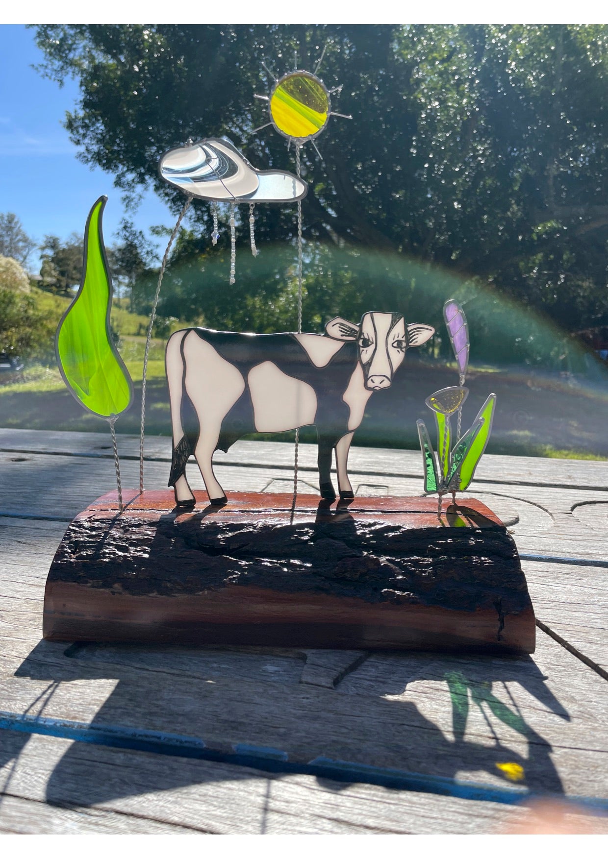 Black and White leadlight cow with flowers, sun, rainy cloud