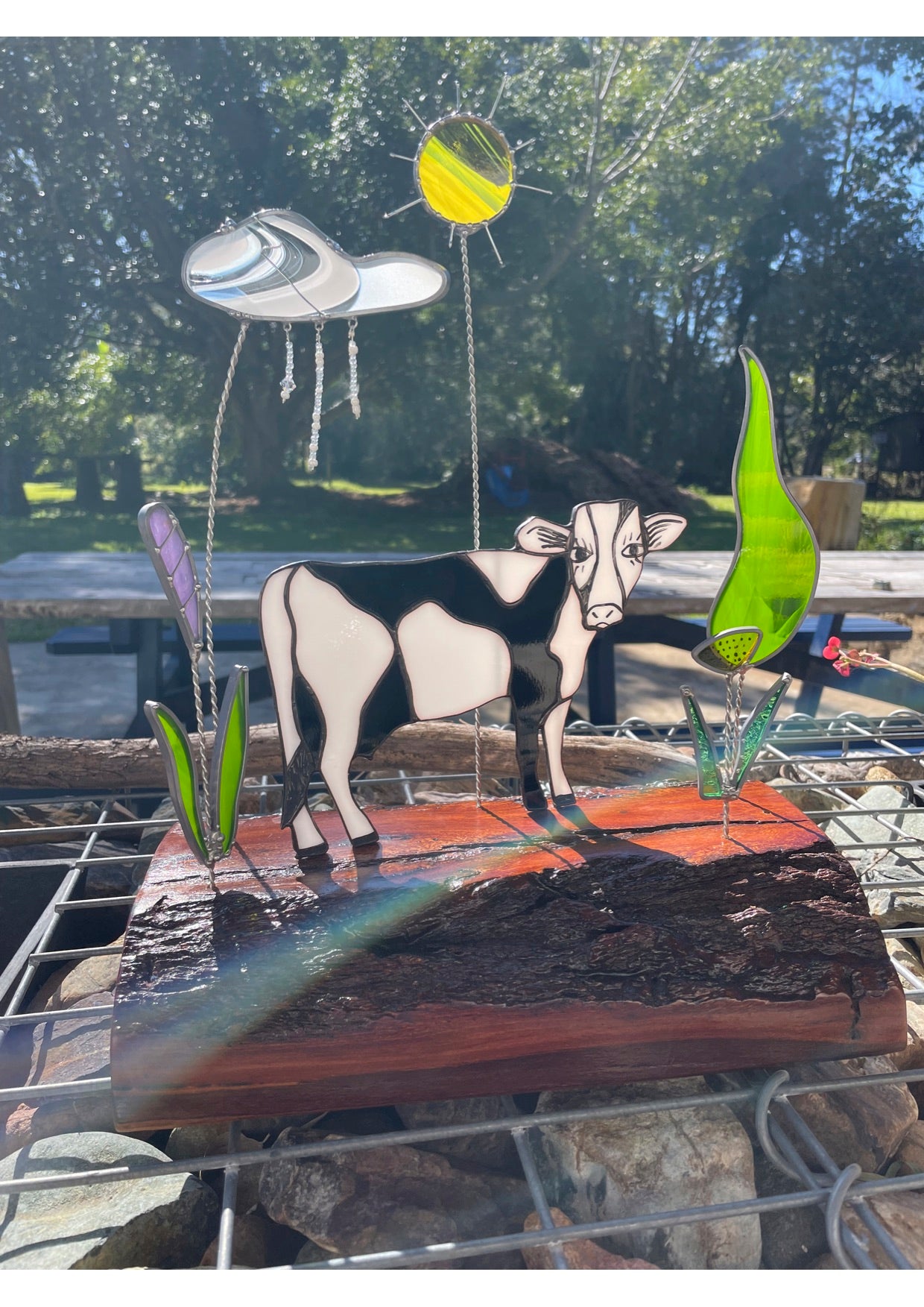 Black and White leadlight cow with flowers, sun, rainy cloud