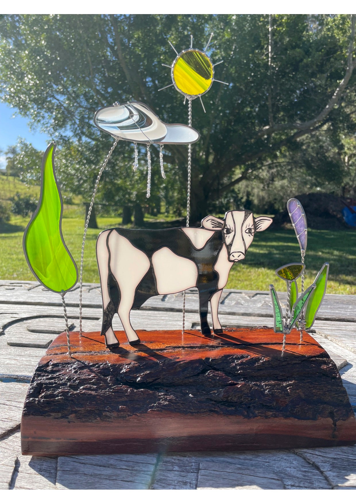 Black and White leadlight cow with flowers, sun, rainy cloud