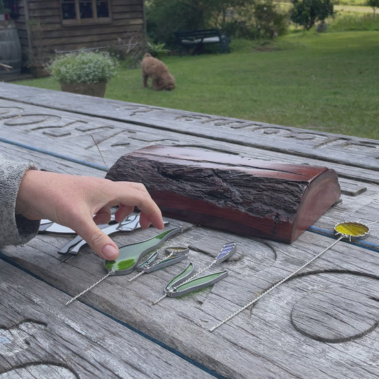 Black and White Glass Cow with Flowers and Tree and Sun