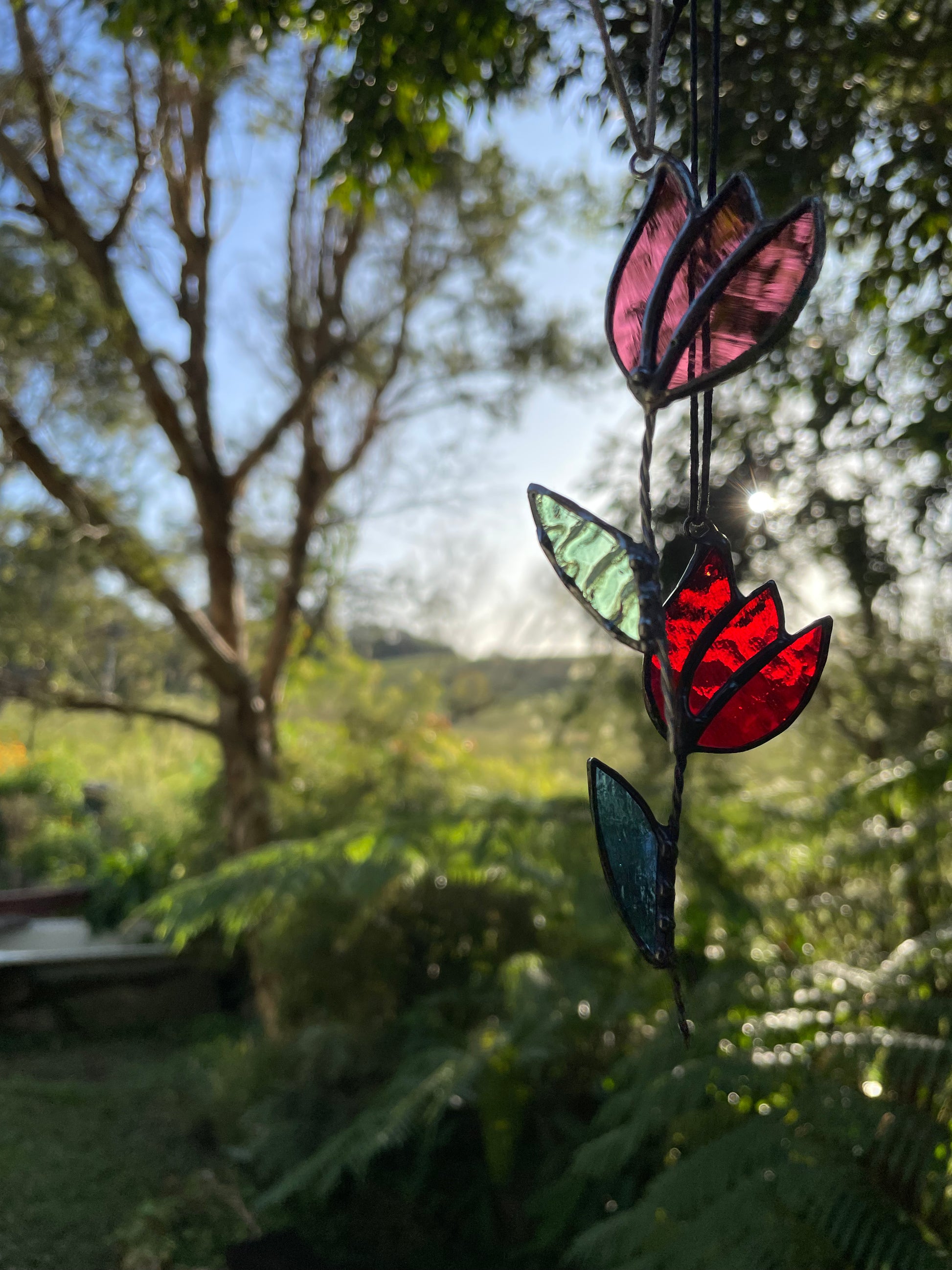 Pink and Green Tulip leadlight suncatcher