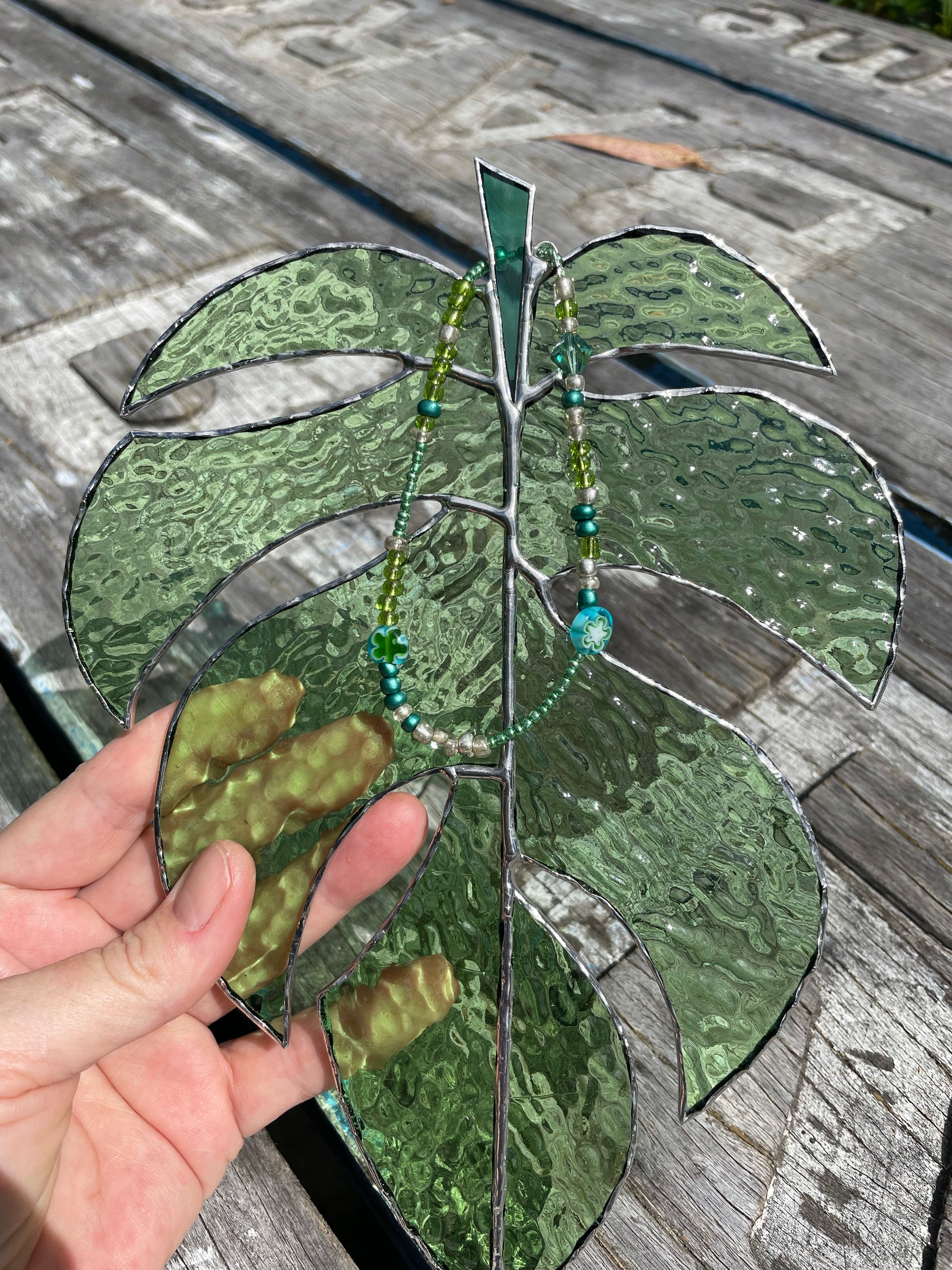 Light Green Glass monstera leaf suncatcher