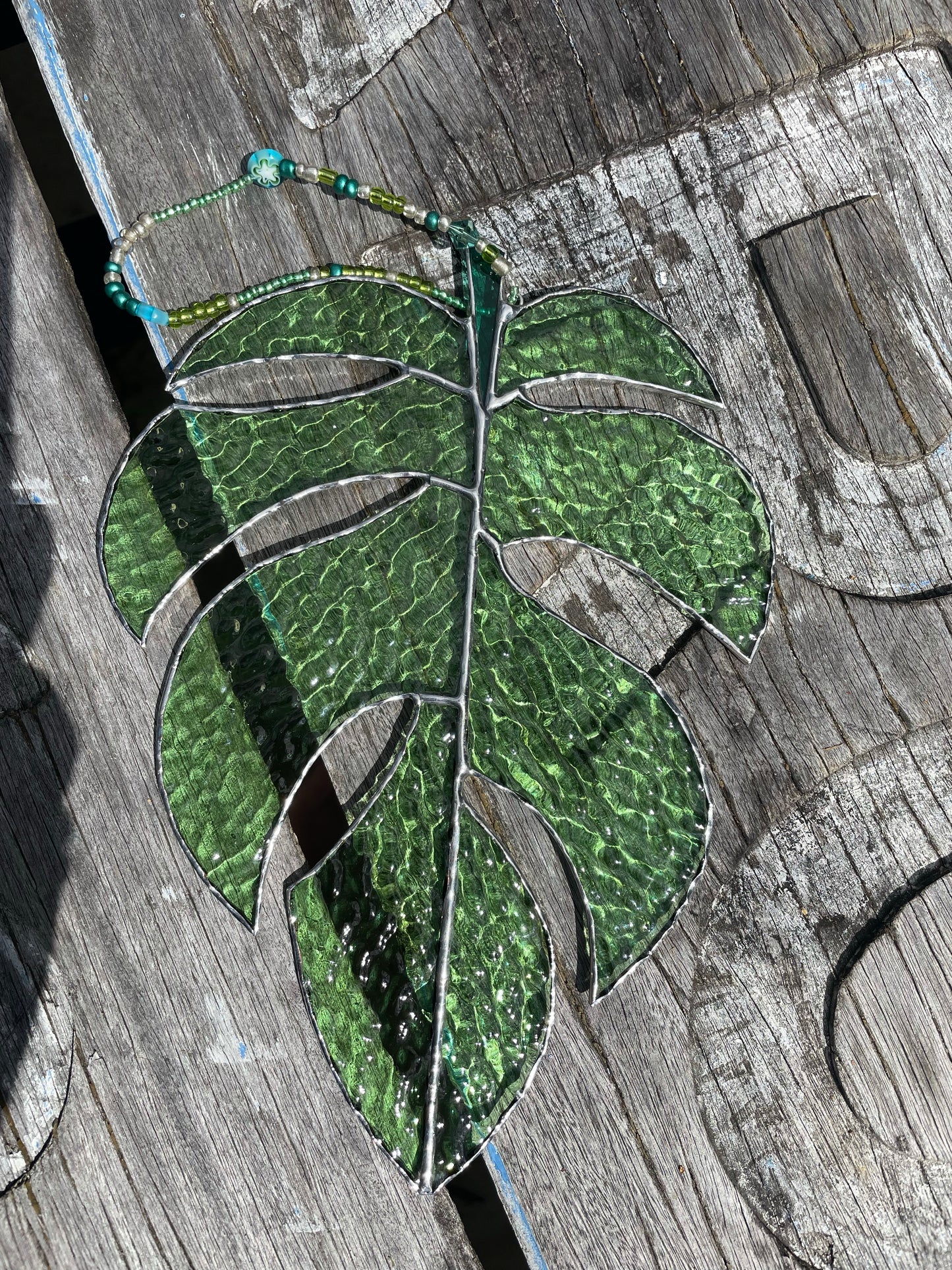 Light Green Glass monstera leaf suncatcher