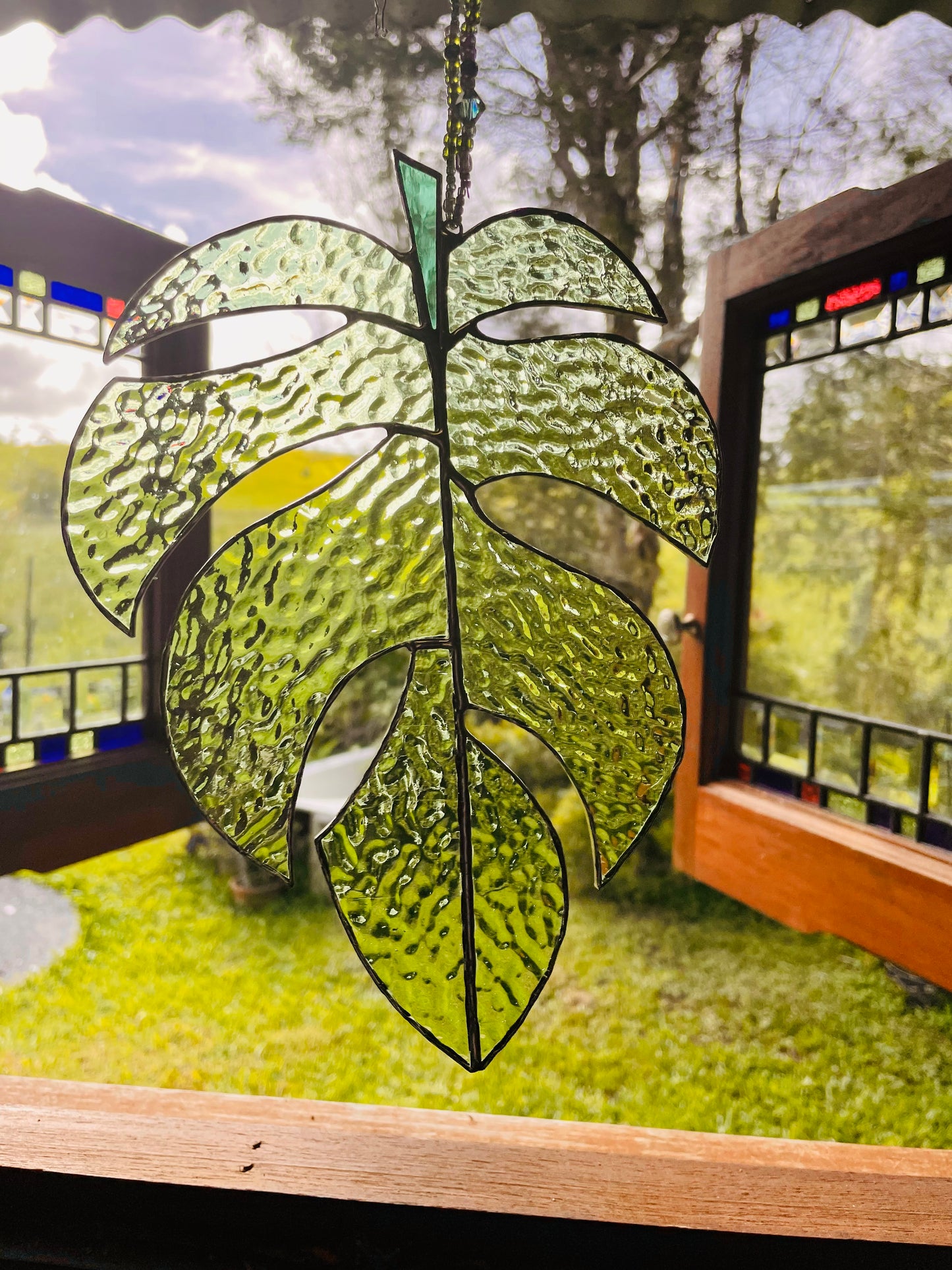 Light Green Glass monstera leaf suncatcher