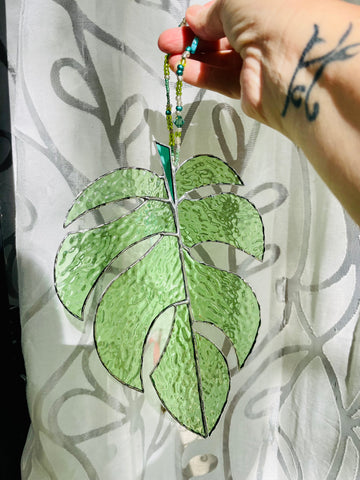 Light Green Glass monstera leaf suncatcher