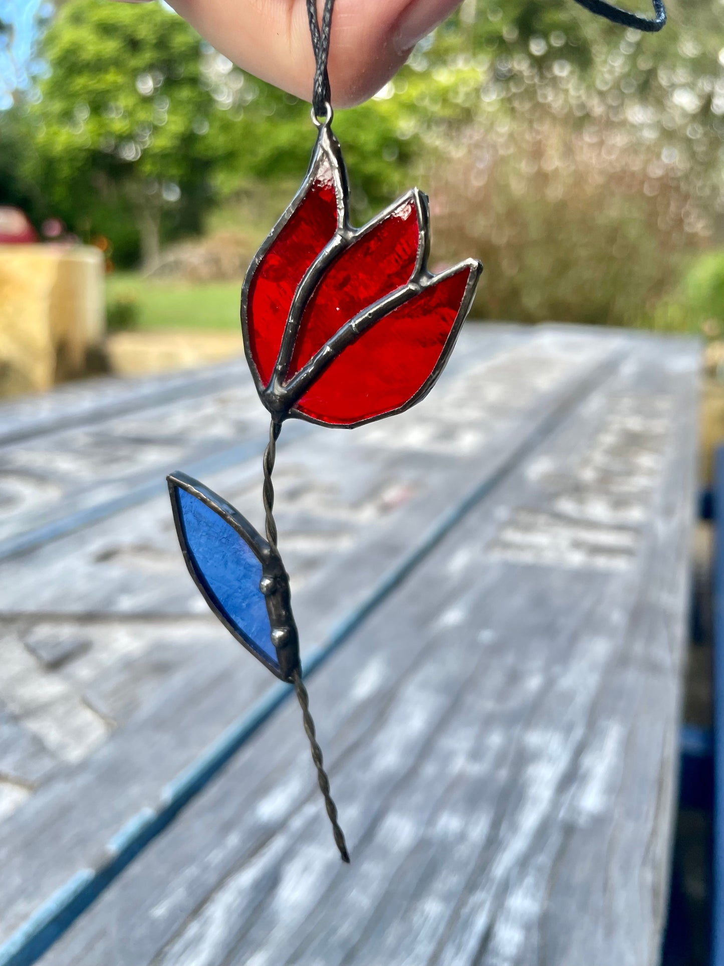 Pink and Green Tulip leadlight suncatcher