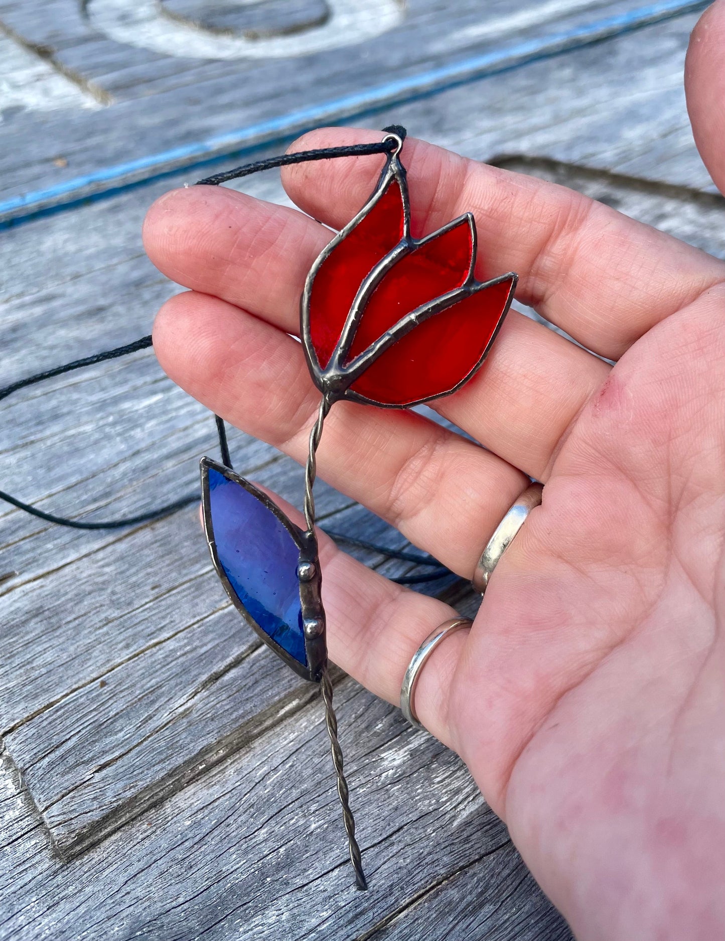 Red and Blue Tulip leadlight suncatcher